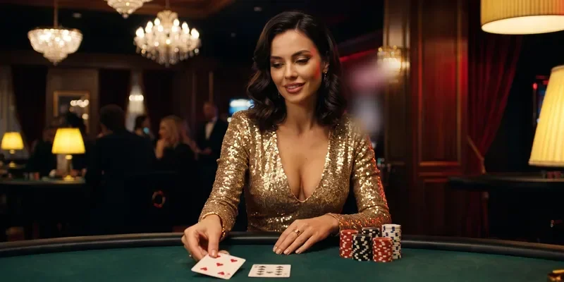 Người chơi lật hai lá bài trên bàn baccarat live casino sunwin